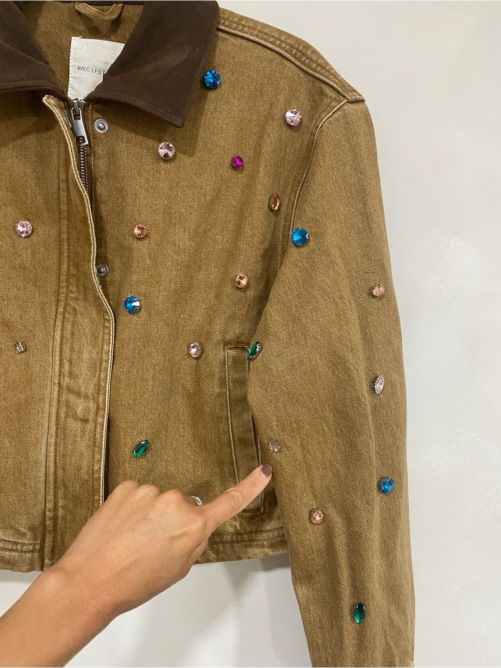 Avec Les Filles Embellished Cropped Barn Jacket Tan Brown Medium - Picture 6 of 14